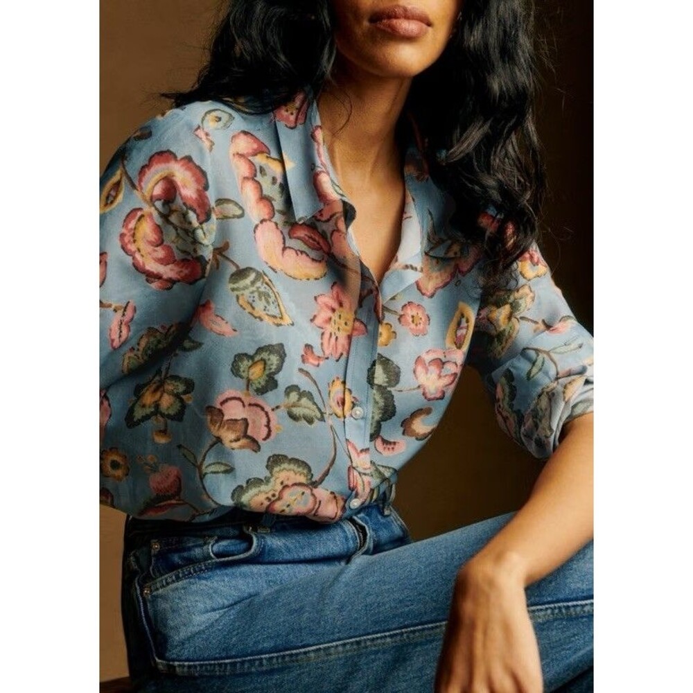 Sezane Pierro Floral Shirt Women’s 46 Silk Blue And Pink Paisley Button Down